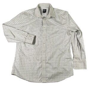 Jos A Bank Shirt Mens Large White Plaid Button Down‎ Tailored Fit Traveler LS